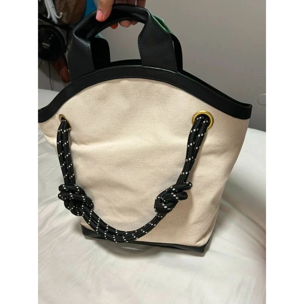 Cream Canvas Tote Bag with Black Leather Trim & Nautical Knot Rope Straps